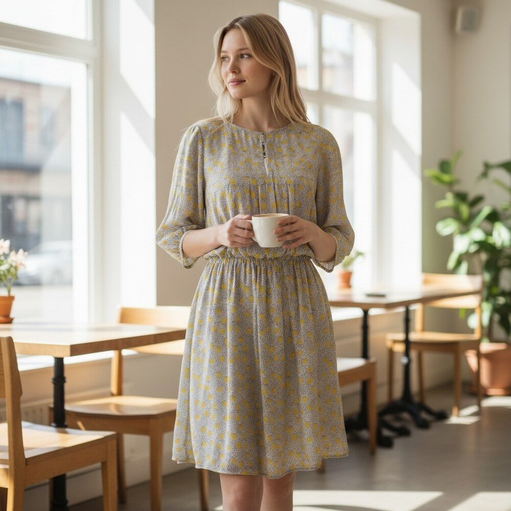 Boden Sheer Yellow/Black Dots Dress Size 8 Slip Dress Lining